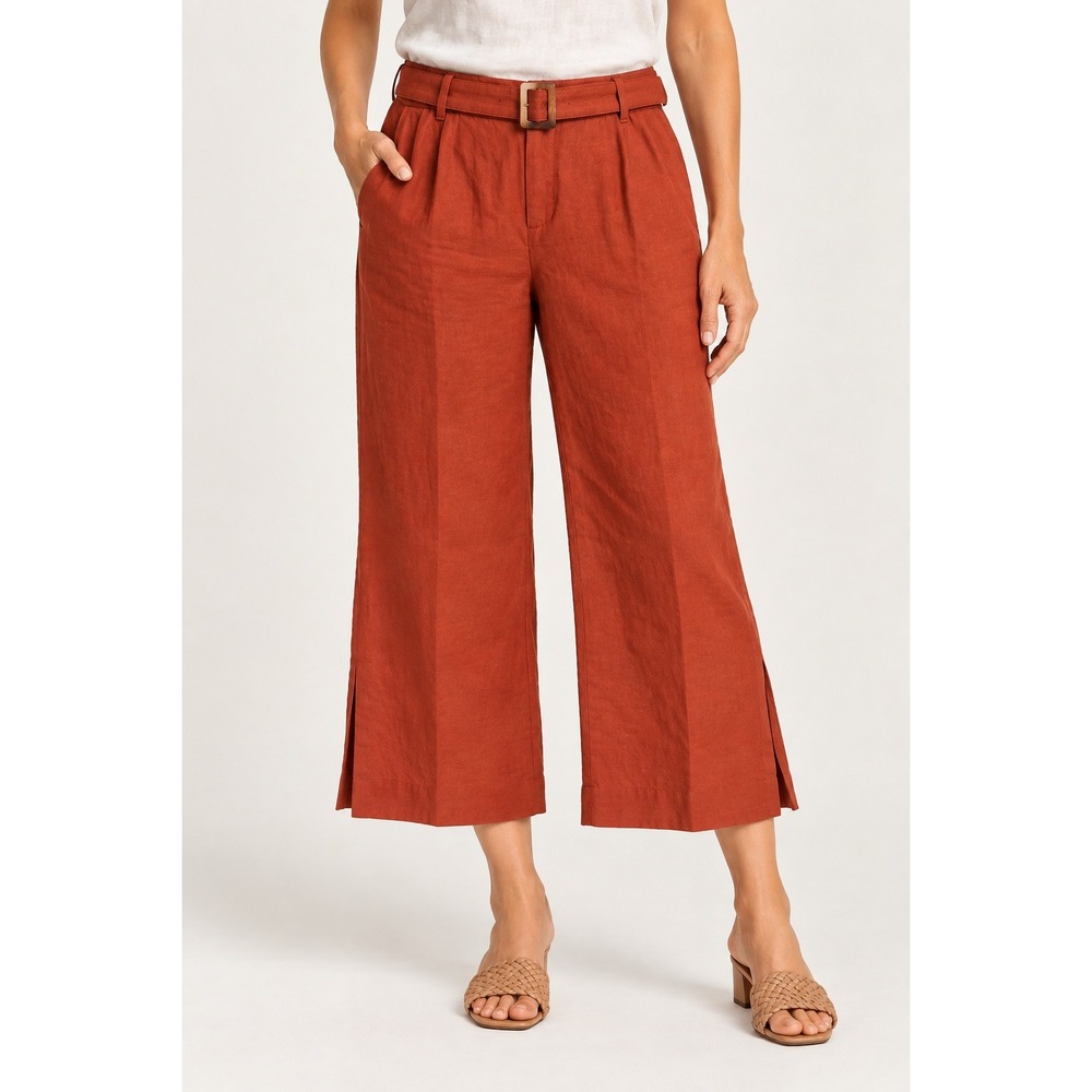 J. Jill Linen Stretch Wide Leg Pants Womens L Terracotta Belted Slit